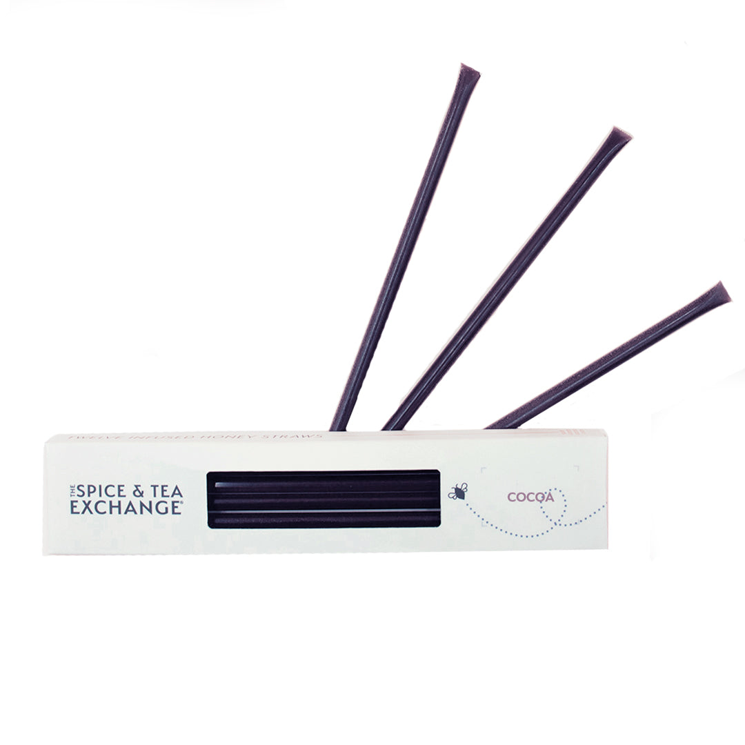 Set of dark honey straws in a white box labeled 'The Spice & Tea Exchange' on a white background